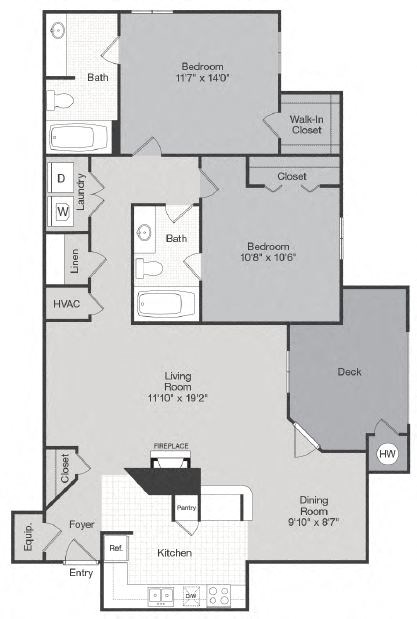 Floor plan for 2 beds, 2 baths, 1235 sqft